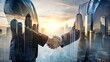 © Al Abir - Double exposure image of business people handshake on city office building in background showing partnership success of business deal, Double Exposure Image of Business and Finance,