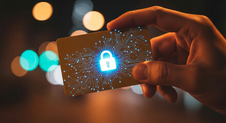 Poster - Hand holding card with glowing padlock and circuit design, symbolizing digital security and data protection, ideal for online safety or technology concepts