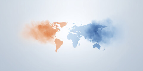 Poster - World map illustration with soft gradient colors in orange and blue, representing global connections and diversity, ideal for educational and business purposes