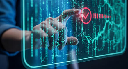 Poster - Hand interacting with a digital interface, showcasing a glowing green verification checkmark, symbolizing digital confirmation, security, and technological progress