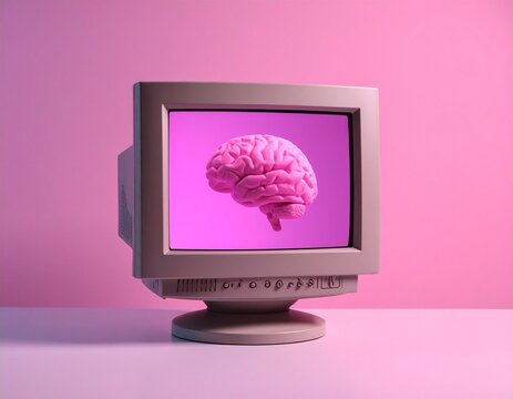 Pink Brain on Retro Monitor: Conceptual Digital Intelligence.