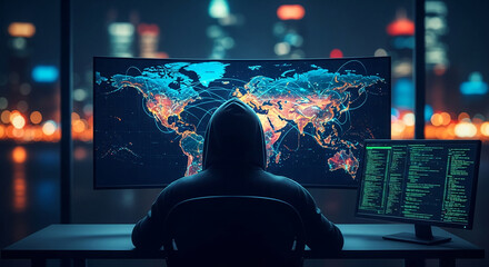 Poster - Hooded figure sits before large monitors displaying world map and code, symbolizing global cybersecurity, data analysis, or hacking