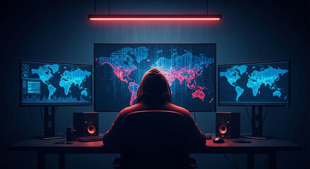 Poster - Hooded figure sits before three monitors displaying world map data, illustrating global network surveillance or hacking concept