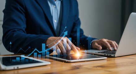 Poster - Business professional analyzing data on tablet and laptop. Growth visualization with blue arrows and graphs. Tech-driven business strategy and progress.