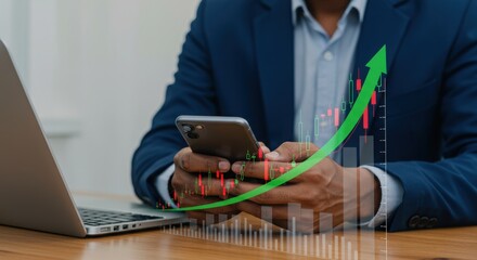 Poster - Businessman analyzing financial data on smartphone. Growth graph overlay with green upward arrow. Modern financial strategy and success.