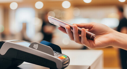 Poster - Close-up of hand using phone for contactless payment at POS terminal, showcasing modern technology in retail, symbolizing ease and convenience of mobile transactions