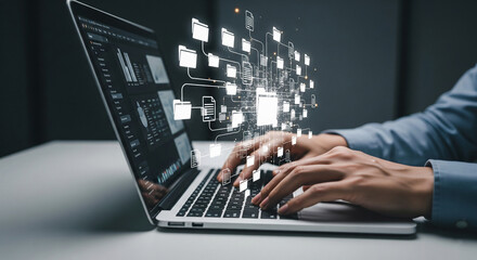 Poster - Laptop keyboard with hands typing,  digital file network visualized above, showcasing data management and connectivity