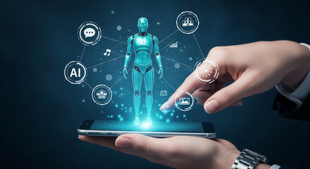 Poster - Hand interacting with a smartphone displaying a digital AI robot, showcasing advanced technology and artificial intelligence integration, symbolizing future innovation and seamless connectivity