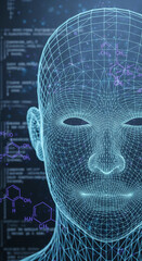 Poster - Wireframe human face model, cyan lines against dark background with blurred chemical formulas, representing artificial intelligence, technology, or digital identity