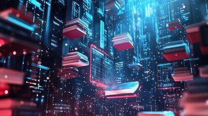 Aufkleber - Digital Library: Books Floating in a Network of Data and Information
