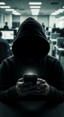 Poster - Hooded figure using smartphone in dark office setting, symbolizing online anonymity, cybersecurity, or hacking concepts
