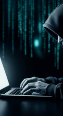 Poster - Hooded figure using laptop, teal digital code background, depicting online anonymity, hacking, or cybersecurity concepts
