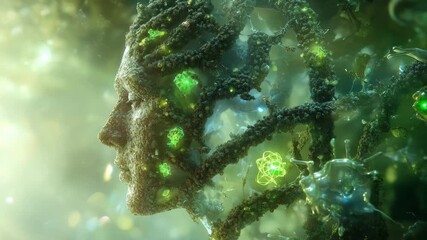 Poster - In a forest bathed in the soft light of dawn, a figure made of natural elements embodies the unity of humanity and nature, surrounded by lush greenery and ethereal glow.