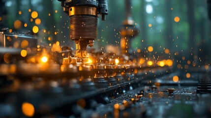 Poster - Industrial machinery sparks innovation forest setting close-up nature-technology fusion dynamic viewpoint