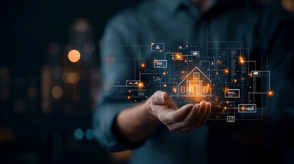 Poster - Digital home management solutions urban setting graphic visualization modern technology close-up view innovation in real estate