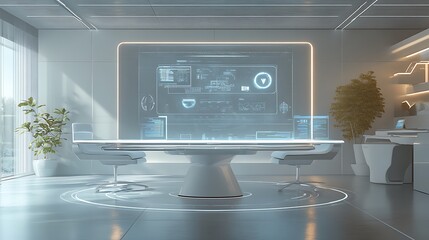 Poster - futuristic office meeting room with holographic display for innovative discussion high-tech workspace digital interaction modern business concept.