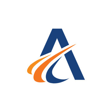 The image shows an initial logo design of a letter A in simple flat style with three swoosh lines as the focal point. It looks and clean and modern in blue and orange color on a white background.