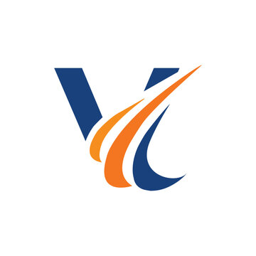 The image shows an initial logo design of a letter V in simple flat style with three swoosh lines as the focal point. It looks and clean and modern in blue and orange color on a white background.