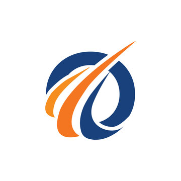 The image shows an initial logo design of a letter O in simple flat style with three swoosh lines as the focal point. It looks and clean and modern in blue and orange color on a white background.
