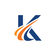 Poster - The image shows an initial logo design of a letter K in simple flat style with three swoosh lines as the focal point. It looks and clean and modern in blue and orange color on a white background.