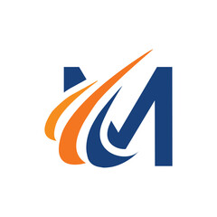 Poster - The image shows an initial logo design of a letter M in simple flat style with three swoosh lines as the focal point. It looks and clean and modern in blue and orange color on a white background.