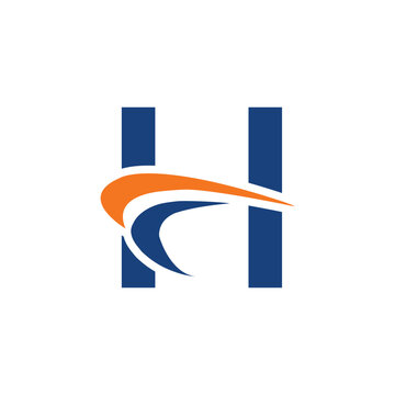 The image shows an initial logo design of a letter H in simple flat style with two swoosh lines as the focal point. It looks and clean and modern in blue and orange color on a white background.