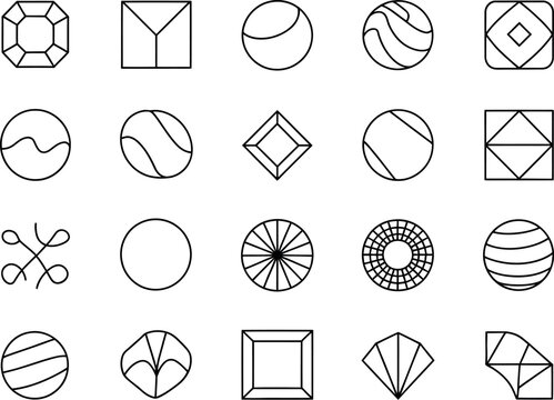 A collection of twenty geometric shapes arranged in a grid pattern on a white background plain