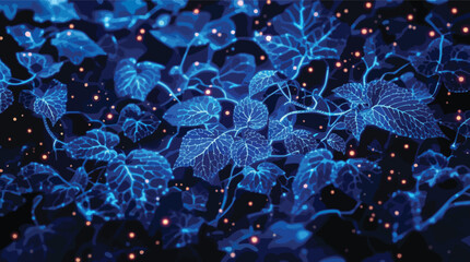 Poster - Abstract illustration of illuminated blue leaves with orange sparkles against a dark background.