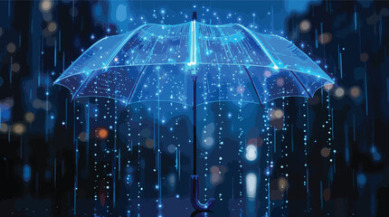 Poster - Digital glowing umbrella in a rainy night futuristic illustration with abstract background.
