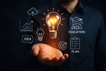 Poster - Illumination of Innovation: A hand cradles a glowing light bulb, surrounded by digital representations of business concepts, conveying the essence of idea, innovation, and creativity