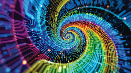 Poster - Vibrant spiral circuit board abstract represents technology data flow and digital innovation.