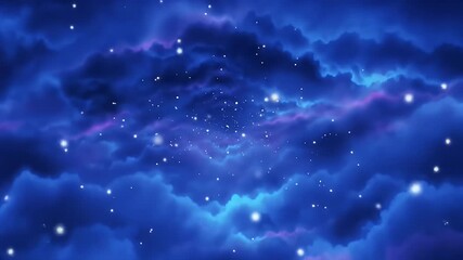 A serene animated journey through a cosmic cloud tunnel of blue and purple nebulas with glowing stars seamless video loop