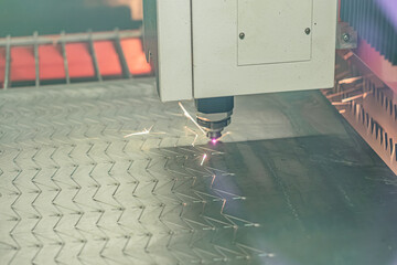Poster - Close-up of industrial cutting process, metal sheet, machinery, cylindrical component, sparks, gray tones, technical style