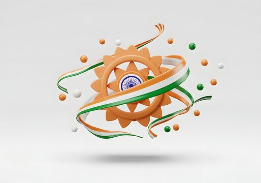 Independence day india photo of an abstract 3d rendering features a stylized gear adorned with the indian flags tricolor ribbon and ashoka chakra, surrounded by colorful balls and streamers, isolated 