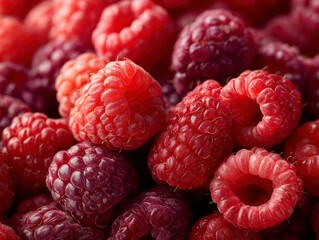 Poster - Close-up image of a densely packed, vibrant red and pink raspberry pile, showcasing their natural beauty and freshness - AI-Generated