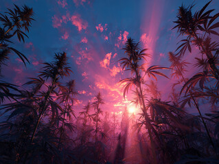 Poster - Purple sunset, numerous cannabis plants, orange and pink light rays, aerial perspective, hyper-realistic style, vibrant scene, pink hues, soft glow, green leaves, surrealism, dawn or du - AI-Generated