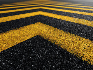 Poster - High-resolution, top-view 3D rendering of a wet asphalt road with yellow parking restriction markings The image is in black and white with a glossy texture, focusing on the convergence - AI-Generated