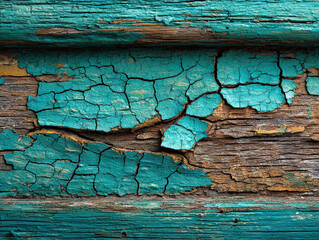 Poster - Close-up of cracked turquoise paint on weathered wooden wall, showcasing texture and vibrant blue color Natural lighting, high resolution, sharp focus Rustic charm, decay, - AI-Generated