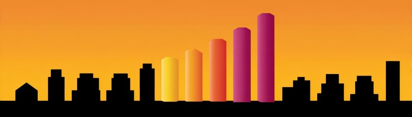 Poster - Silhouetted city skyline with colorful, rising bar graph columns against a vibrant orange gradient background.