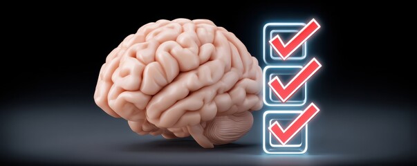 Poster - A realistic brain illustration next to three red checkmarks in blue boxes on a dark background, symbolizing mental assessment or cognitive achievement.