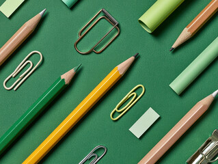 Poster - Office supplies on green background, including pencils, paper clips, sticky notes, highlighter pen, and adhesive tape - AI-Generated