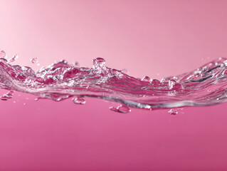 Poster - Water droplet splashing on a light pink surface against a gradient pink background, with gentle water wave flow and clear reflections Transparent water droplet with specks of dust or p - AI-Generated