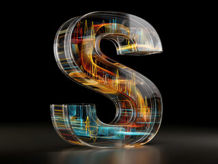 Poster - 3D, transparent glass layers, colorful waveforms, frequency lines, pulsing, vibrant digital art, letter S, metallic sheen, gold or silver, dark gray backdrop, depth, contrast, blue, o - AI-Generated