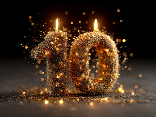 Poster - 3D Golden candle number 10, confetti shower, sparkles, black background, celebratory scene, gold candles, still life, warm glow, digitally enhanced, vibrant effect, glittery, - AI-Generated