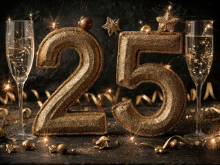 Poster - A celebratory scene featuring the number 25 made of gold balloons, surrounded by champagne glasses filled with clear liquid Golden glitter and confetti are scattered on a black backg - AI-Generated