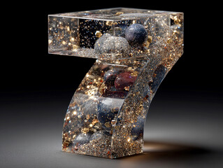Poster - Clear glass 3D number 1 filled with floating glitter and gemstones, minimalistic black background, illuminated from above - AI-Generated