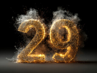 Poster - A dynamic 3D number 2019 in fiery golden wireframes and celebratory smoke against a black background, with energetic sparks and light - AI-Generated