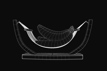 Poster - Black and white contour drawing of a hammock on a sturdy stand with playful banana shapes inside, set against a dark peaceful background. The simple line art features relaxed hanging fabric