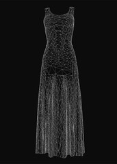 Poster - A black and white wireframe dress features intricate lines and geometric shapes on a dark background. The abstract design showcases a unique blend of minimalism and complexity.