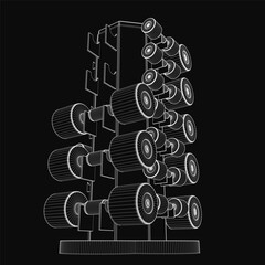 Poster - A black and white wireframe tower stands tall with multiple barbell-shaped wheels attached, creating a surreal mechanical structure. The dark background emphasizes the intricate details of the set.